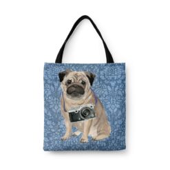 denim dogs tote pug bleached damask denim front view white