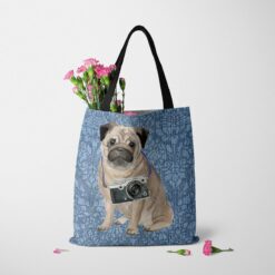 denim dogs tote pug bleached damask denim tote standing carnations