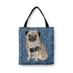 denim dogs tote pug daisy denim front view white