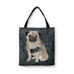 denim dogs tote pug dark damask denim front view white