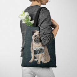 denim dogs tote pug dark denim tote woman jumper walking view