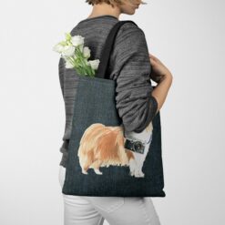 Rough Collie Dog Denim Style Tote Bag 38 denim dogs tote rough collie dark denim tote woman jumper walking view