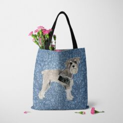 denim dogs tote schnauzer bleached damask denim tote standing carnations