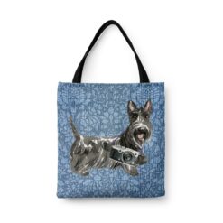 denim dogs tote scottish terrier bleached damask denim front view white