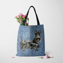 denim dogs tote scottish terrier bleached damask denim tote standing carnations