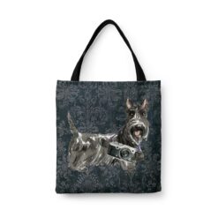 denim dogs tote scottish terrier dark damask denim front view white