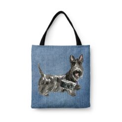 denim dogs tote scottish terrier gently faded denim front view white