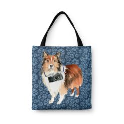 Shetland Sheepdog Dog Denim Style Tote Bag 34 denim dogs tote shetland sheepdog daisy denim front view white