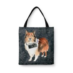 Shetland Sheepdog Dog Denim Style Tote Bag 30 denim dogs tote shetland sheepdog dark damask denim front view white
