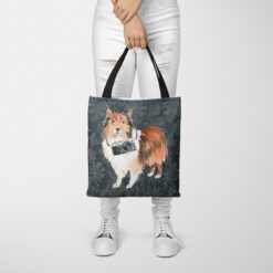 Shetland Sheepdog Dog Denim Style Tote Bag 37 denim dogs tote shetland sheepdog dark damask denim tote woman trowsers front view
