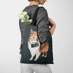 Shetland Sheepdog Dog Denim Style Tote Bag 38 denim dogs tote shetland sheepdog dark denim tote woman jumper walking view