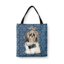 Shih tzu Long hair Dog Denim Style Tote Bag 34 denim dogs tote shih tzu long hair daisy denim front view white