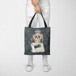 Shih tzu Long hair Dog Denim Style Tote Bag 37 denim dogs tote shih tzu long hair dark damask denim tote woman trowsers front view