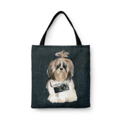 Shih tzu Long hair Dog Denim Style Tote Bag 33 denim dogs tote shih tzu long hair dark denim front view white
