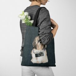 Shih tzu Long hair Dog Denim Style Tote Bag 38 denim dogs tote shih tzu long hair dark denim tote woman jumper walking view
