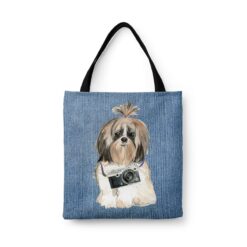 Shih tzu Long hair Dog Denim Style Tote Bag 32 denim dogs tote shih tzu long hair gently faded denim front view white