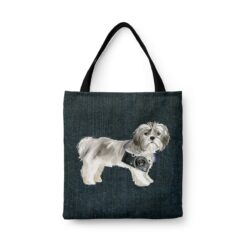 Shih tzu Short hair Dog Denim Style Tote Bag 33 denim dogs tote shih tzu short hair dark denim front view white