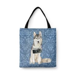 Siberian Husky Dog Denim Style Tote Bag 31 denim dogs tote siberian husky bleached damask denim front view white