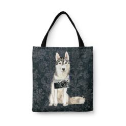 Siberian Husky Dog Denim Style Tote Bag 30 denim dogs tote siberian husky dark damask denim front view white
