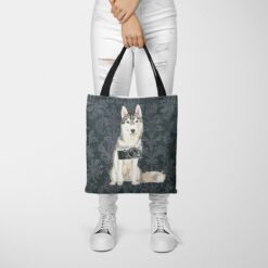 Siberian Husky Dog Denim Style Tote Bag 37 denim dogs tote siberian husky dark damask denim tote woman trowsers front view