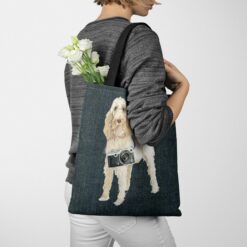 Spinone Italiano Dog Denim Style Tote Bag 38 denim dogs tote spinone italiano dark denim tote woman jumper walking view