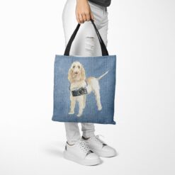 Spinone Italiano Dog Denim Style Tote Bag 40 denim dogs tote spinone italiano gently faded denim tote woman trowsers walking view