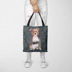 denim dogs tote staffordshire bull terrier dark damask denim tote woman trowsers front view