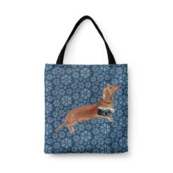 Tan Dachshund Dog Denim Style Tote Bag 34 denim dogs tote tan dachshund daisy denim front view white