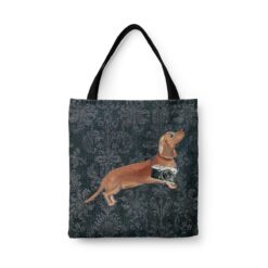 Tan Dachshund Dog Denim Style Tote Bag 30 denim dogs tote tan dachshund dark damask denim front view white