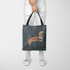 Tan Dachshund Dog Denim Style Tote Bag 37 denim dogs tote tan dachshund dark damask denim tote woman trowsers front view