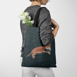 Tan Dachshund Dog Denim Style Tote Bag 38 denim dogs tote tan dachshund dark denim tote woman jumper walking view