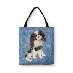 Tri colour King Charles Spaniel Dog Denim Style Tote Bag 31 denim dogs tote tri colour king charles spaniel bleached damask denim front view white