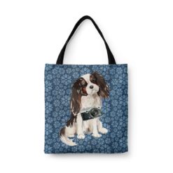 Tri colour King Charles Spaniel Dog Denim Style Tote Bag 34 denim dogs tote tri colour king charles spaniel daisy denim front view white