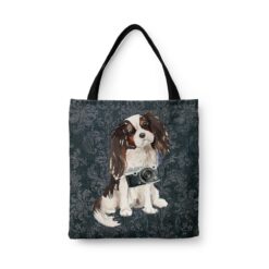 Tri colour King Charles Spaniel Dog Denim Style Tote Bag 30 denim dogs tote tri colour king charles spaniel dark damask denim front view white