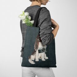 Tri colour King Charles Spaniel Dog Denim Style Tote Bag 38 denim dogs tote tri colour king charles spaniel dark denim tote woman jumper walking view