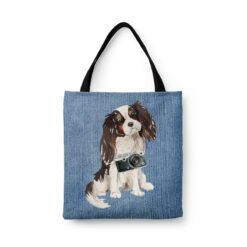 Tri colour King Charles Spaniel Dog Denim Style Tote Bag 32 denim dogs tote tri colour king charles spaniel gently faded denim front view white