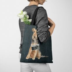 Welsh Terrier Dog Denim Style Tote Bag 38 denim dogs tote welsh terrier dark denim tote woman jumper walking view