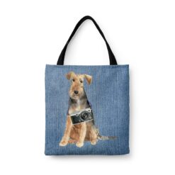 Welsh Terrier Dog Denim Style Tote Bag 32 denim dogs tote welsh terrier gently faded denim front view white