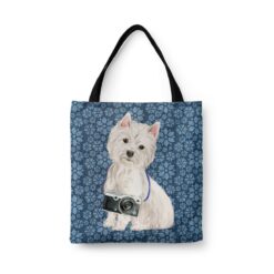 denim dogs tote westie daisy denim front view white