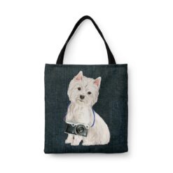 denim dogs tote westie dark denim front view white
