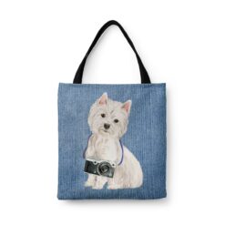 denim dogs tote westie gently faded denim front view white