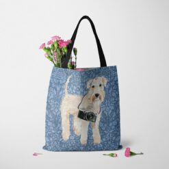 denim dogs tote wheaten terrier bleached damask denim tote standing carnations