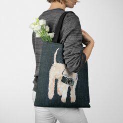denim dogs tote wheaten terrier dark denim tote woman jumper walking view