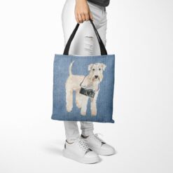 denim dogs tote wheaten terrier gently faded denim tote woman trowsers walking view