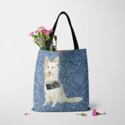 White Collie Dog Denim Style Tote Bag 35 denim dogs tote white collie bleached damask denim tote standing carnations