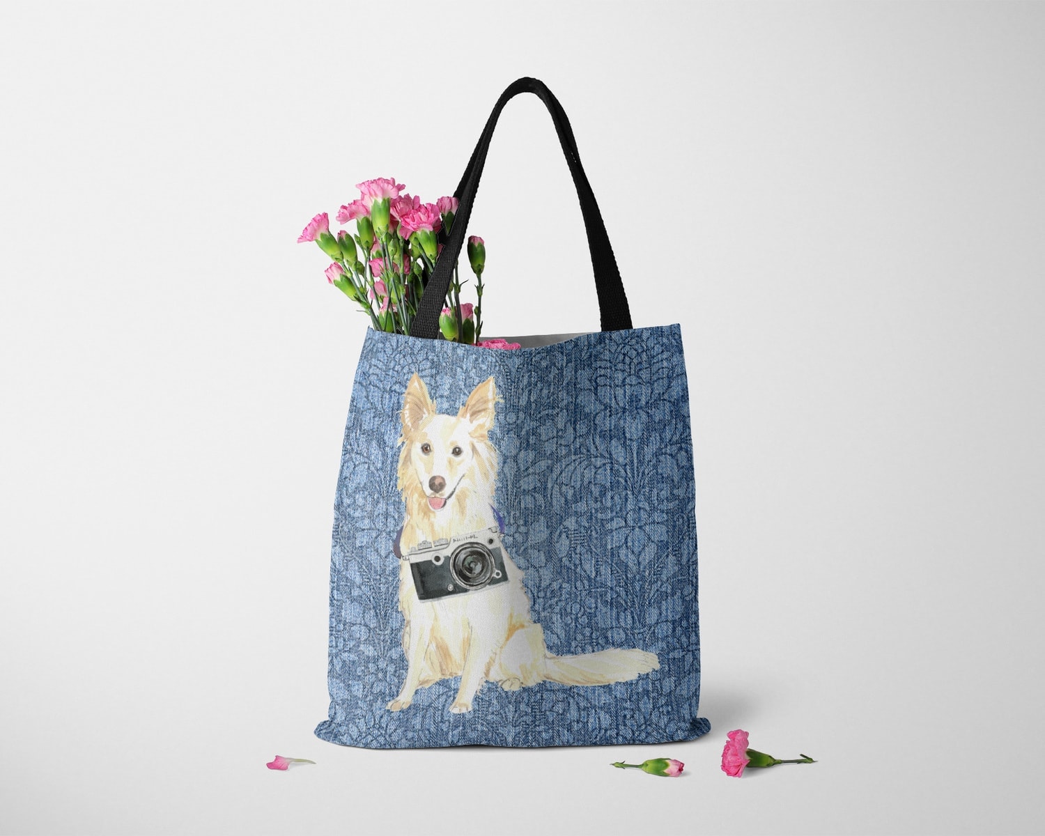 White Collie Dog Denim Style Tote Bag 10 White Collie Dog Denim Style Tote Bag - Image 8