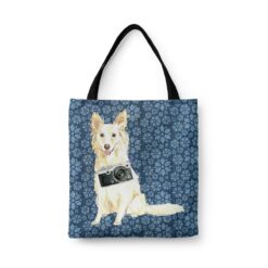 White Collie Dog Denim Style Tote Bag 34 denim dogs tote white collie daisy denim front view white