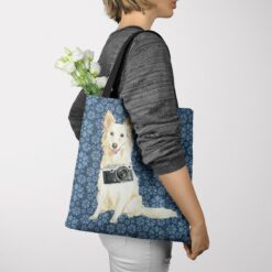 White Collie Dog Denim Style Tote Bag 36 denim dogs tote white collie daisy denim tote woman jumper view