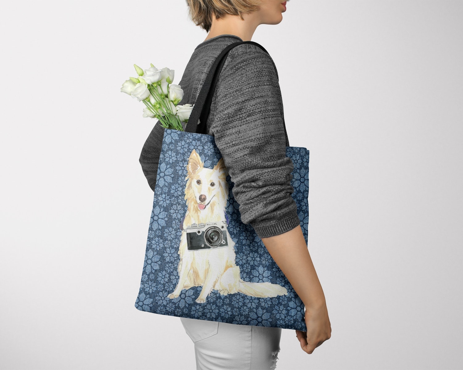 White Collie Dog Denim Style Tote Bag 11 White Collie Dog Denim Style Tote Bag - Image 9