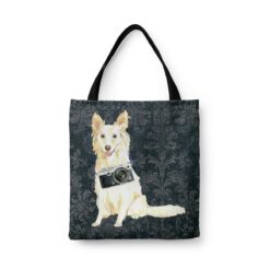 White Collie Dog Denim Style Tote Bag 30 denim dogs tote white collie dark damask denim front view white
